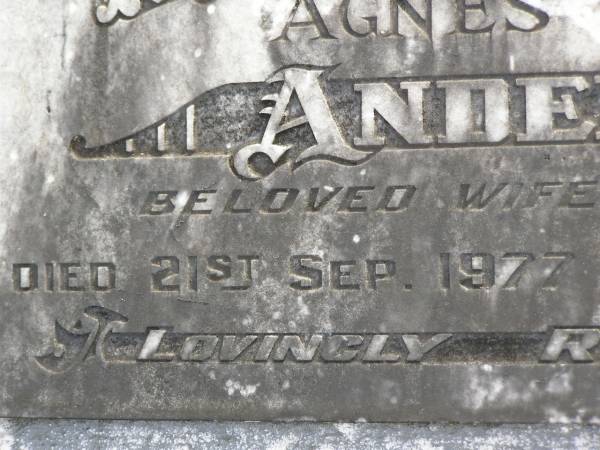 Agnes Alice ANDERSEN,  | wife of Percy,  | died 21 Sep 1977 aged 93 years;  | Appletree Creek cemetery, Isis Shire  | 
