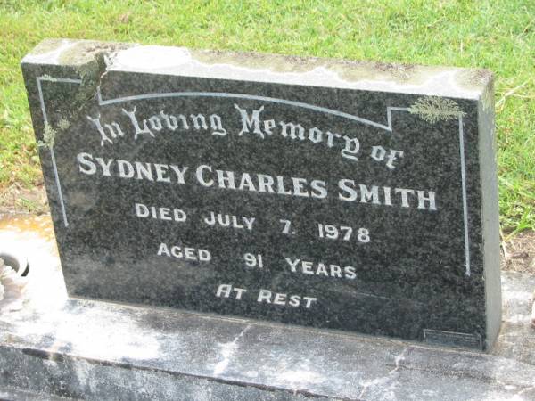 Sydney Charles SMITH,  | died 7 July 1978 aged 91 years;  | Appletree Creek cemetery, Isis Shire  | 