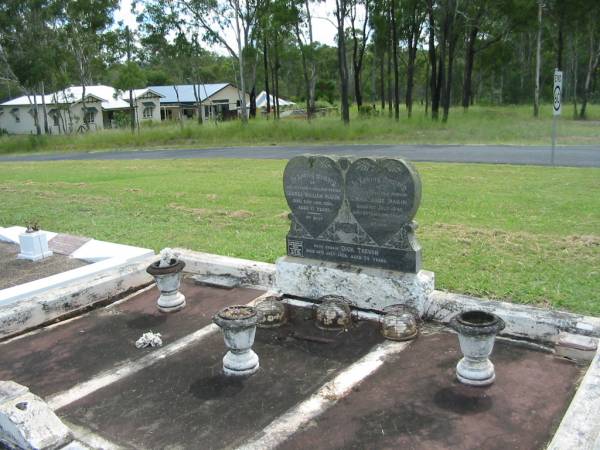 George William MAKIN,  | husband father,  | died 23 Jan 1958 aged 71 years;  | Emma Jane MAKIN,  | wife mother,  | died 8 July 1947 aged 60 years 6 months;  | Dick TREVOR,  | cousin,  | died 30 July 1959 aged 75 years;  | Joyce (Nookie) Valmai MEIER,  | died 2 July 1985 aged 63 years;  | Alfred MAKIN,  | father,  | died 15 Feb 1989 aged 71 years;  | Appletree Creek cemetery, Isis Shire  | 