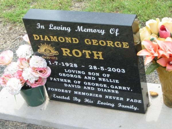 Diamond George ROTH,  | 1-7-1928 - 28-5-2003,  | son of George & Nellie,  | father of George, Garry, David & Dianne;  | Appletree Creek cemetery, Isis Shire  | 