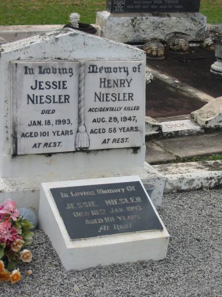 Jessie NIESLER,  | died 18 Jan 1993 aged 101 years;  | Henry NIESLER,  | accidentally killed 29 Aug 1947 aged 58 years;  | Appletree Creek cemetery, Isis Shire  |