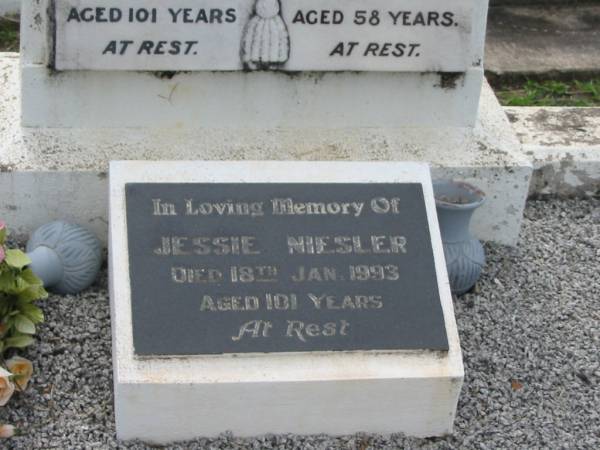 Jessie NIESLER,  | died 18 Jan 1993 aged 101 years;  | Henry NIESLER,  | accidentally killed 29 Aug 1947 aged 58 years;  | Appletree Creek cemetery, Isis Shire  | 