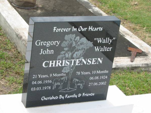 Gregory John CHRISTENSEN,  | 04-06-1956 - 03-03-1978 aged 21 years 9 months;  | Walter (Wally) CHRISTENSEN,  | 06-08-1924 - 27-06-2002 aged 78 years 10 months;  | Appletree Creek cemetery, Isis Shire  | 