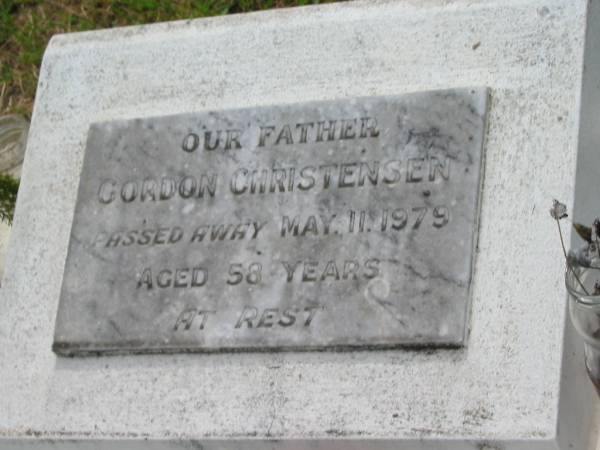 Gordon CHRISTENSEN,  | father,  | died 11 May 1979 aged 58 years;  | Appletree Creek cemetery, Isis Shire  | 