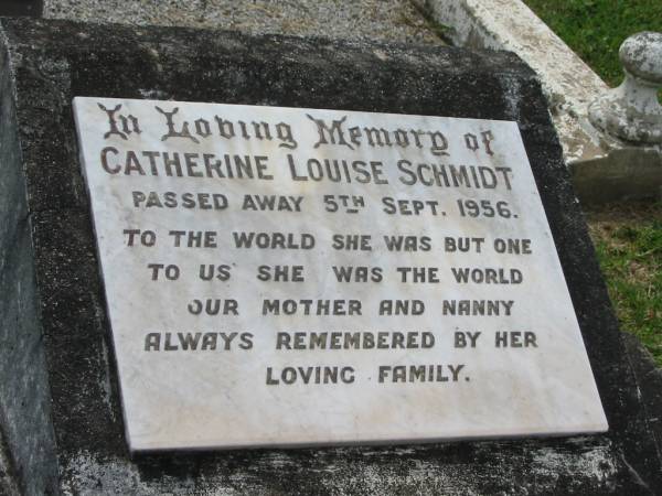 Catherine Louise SCHMIDT,  | died 5 Sept 1956;  | Appletree Creek cemetery, Isis Shire  | 