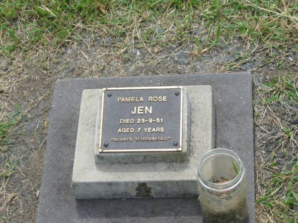 Pamela Rose JEN,  | died 23-9-51 aged 7 years;  | Appletree Creek cemetery, Isis Shire  | 