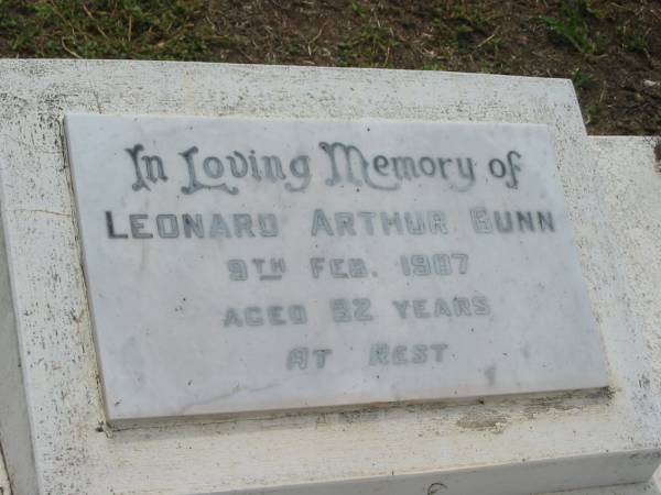 Leonard Arthur BUNN,  | died 9 Feb 1987 aged 92 years;  | Appletree Creek cemetery, Isis Shire  | 