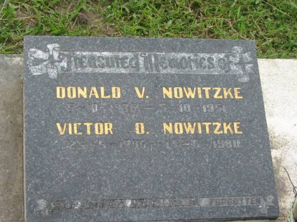 Donald V. NOWITZKE,  | 9-10-1936 - 5-10-1951;  | Victor O. NOWITZKE,  | 25-5-1906 - 14-6-1980;  | Appletree Creek cemetery, Isis Shire  | 