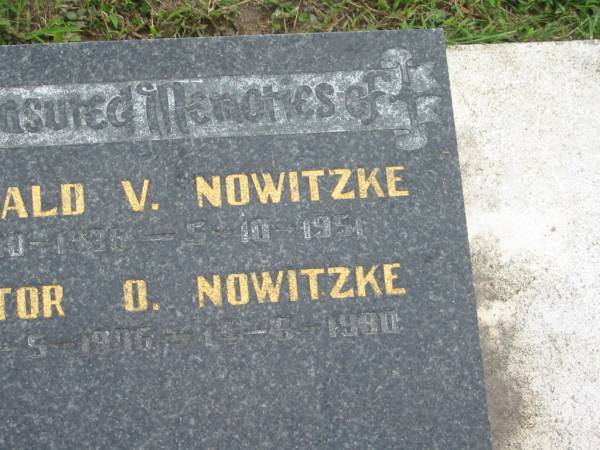 Donald V. NOWITZKE,  | 9-10-1936 - 5-10-1951;  | Victor O. NOWITZKE,  | 25-5-1906 - 14-6-1980;  | Appletree Creek cemetery, Isis Shire  | 