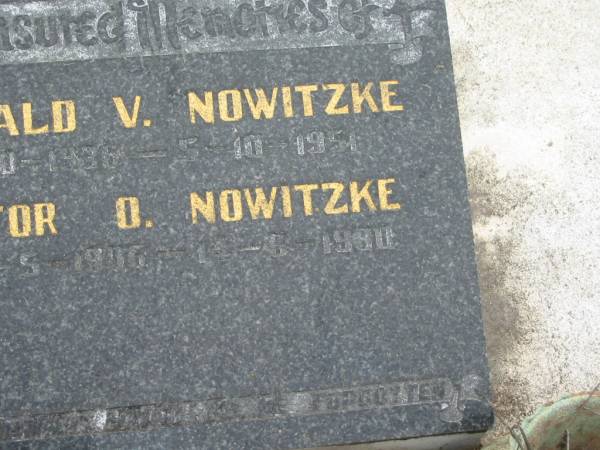 Donald V. NOWITZKE,  | 9-10-1936 - 5-10-1951;  | Victor O. NOWITZKE,  | 25-5-1906 - 14-6-1980;  | Appletree Creek cemetery, Isis Shire  | 