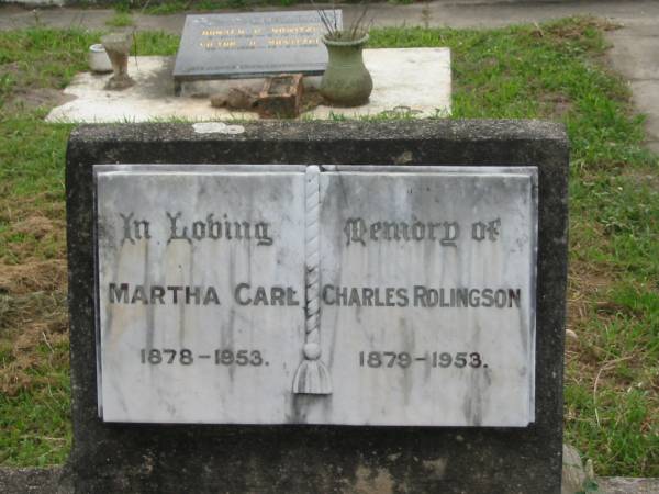 Martha CARL,  | 1878 - 1953;  | Charles ROLINGSON,  | 1879 - 1953;  | Appletree Creek cemetery, Isis Shire  | 