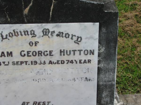 William George HUTTON,  | father,  | died 18 Sept 1953 aged 74 years;  | Elizabeth Annie HUTTON,  | mother,  | died 27 Jan 1969 aged 84 years;  | Appletree Creek cemetery, Isis Shire  | 