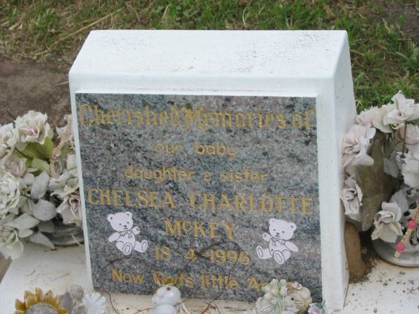 Chelsea Charlotte MCKEY,  | baby daughter & sister,  | died 18-4-1996;  | Jemima Jean (Lillian) MCKEY,  | baby daughter sister,  | died 5-2-2000;  | Appletree Creek cemetery, Isis Shire  | 