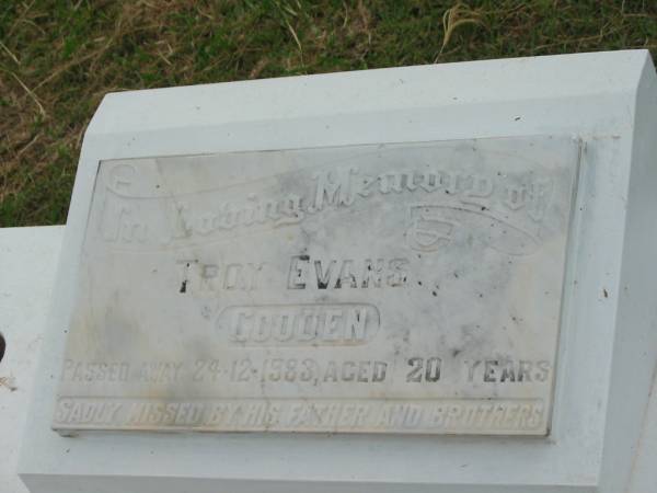 Troy Evans GOODEN,  | died 24-12-1983 aged 20 years,  | missed by father & brothers;  | Appletree Creek cemetery, Isis Shire  | 