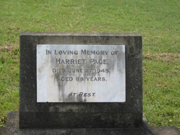 Harriet PAGE,  | died 27 June 1945 aged 88 years;  | Appletree Creek cemetery, Isis Shire  | 