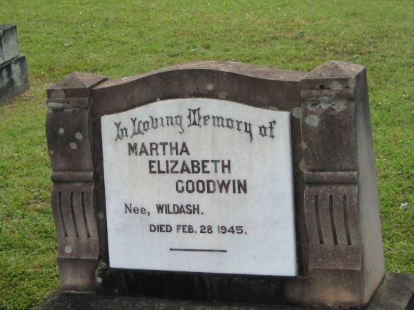 Martha Elizabeth GOODWIN (nee WILDASH),  | died 28 Feb 1945;  | Appletree Creek cemetery, Isis Shire  | 