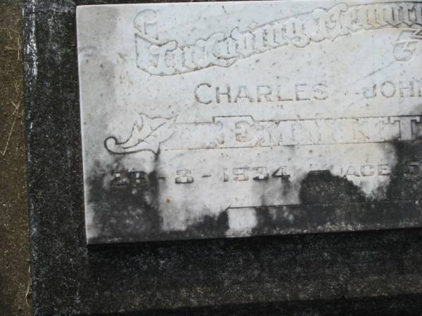 Charles John EMMITT,  | died 26-3-1934 aged 52 years;  | Appletree Creek cemetery, Isis Shire  | 
