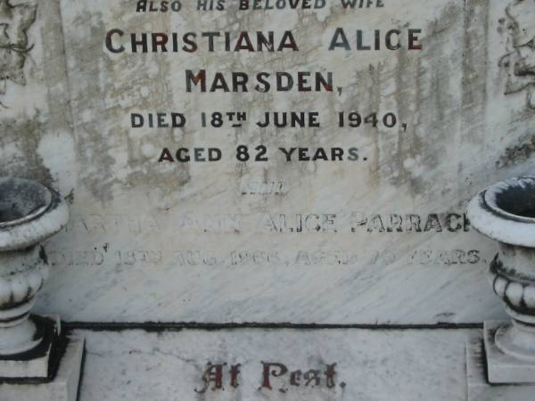 William PARRACK,  | died 21 Nov 1925 aged 71 years;  | Christiana Alice MARSDEN,  | wife,  | died 18 June 1940 aged 82 years;  | Martha Ann Alice PARRACK,  | died 18 Aug 1966 aged 79 years;  | Appletree Creek cemetery, Isis Shire  | 