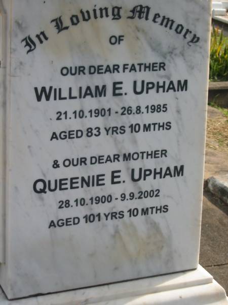 George UPHAM,  | husband father,  | died 6 Feb 1920 aged 59 years;  | Annie UPHAM,  | wife mother,  | died 10 Dec 1949 aged 88 years;  | Lillian A. UPHAM,  | died 19 March 1926 aged 38 years;  | Rose G. LAYNTON,  | died 6 Jan 1920 aged 25 years;  | Edith H. RIDGERS,  | died 27 March 1931 aged 46 years;  | daughters of G. & A. UPHAM;  | Muriel C. RIDGERS,  | daughter of James & Edith RIDGERS,  | grand-daughter of George & Annie UPHAM,  | died 20 Dec 1920 aged 10 years;  | William E. UPHAM,  | father,  | 21-10-1901 - 26-8-1985 aged 83 years 10 months;  | Queenie E. UPHAM,  | mother,  | 28-10-1900 - 9-9-2002 aged 101 years 10 months;  | Appletree Creek cemetery, Isis Shire  | 