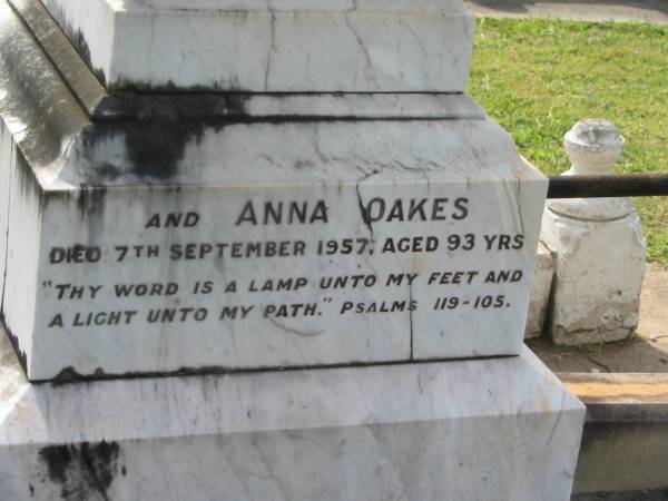Henry Augustus OAKES,  | born 17 Nov 1851 Seven Oaks McLeay River ,  | died 20 Dec 1910;  | Anna OAKES,  | died 7 Sept 1957 aged 93 years;  | Augustus John OAKES,  | born 26 Jan 1824,  | died 20 Dec 1893;  | Janet,  | wife,  | born 7 Sept 1830,  | died 19 Oct 1924;  | Appletree Creek cemetery, Isis Shire  | 