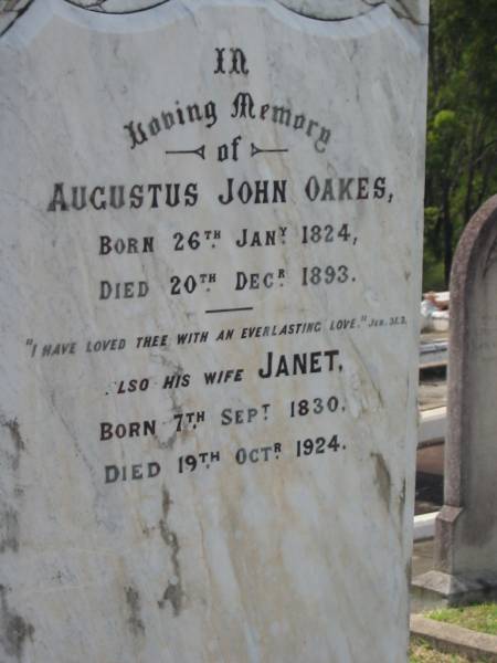 Henry Augustus OAKES,  | born 17 Nov 1851 Seven Oaks McLeay River ,  | died 20 Dec 1910;  | Anna OAKES,  | died 7 Sept 1957 aged 93 years;  | Augustus John OAKES,  | born 26 Jan 1824,  | died 20 Dec 1893;  | Janet,  | wife,  | born 7 Sept 1830,  | died 19 Oct 1924;  | Appletree Creek cemetery, Isis Shire  | 