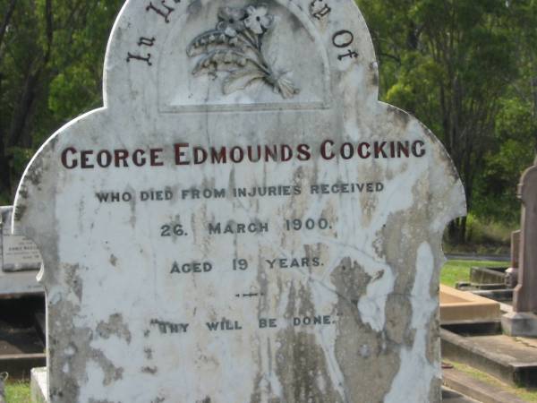 George Edmounds COCKING,  | died from injuries 26 March 1900 aged 19 years;  | Appletree Creek cemetery, Isis Shire  | 