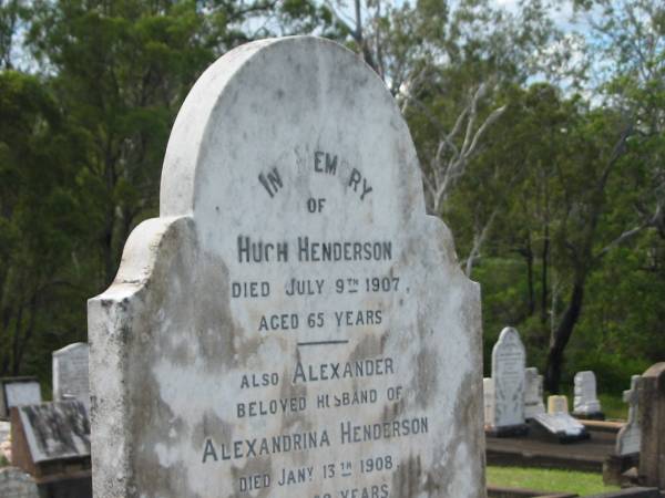 Hugh HENDERSON,  | died 9 July 1907 aged 65 years;  | Alexander,  | husband of Alexandrina HENDERSON,  | died 13 Jan 1908 aged 60 years;  | Alexanderina,  | wife mother,  | died 7 Feb 1935 aged 71 years;  | Appletree Creek cemetery, Isis Shire  | 