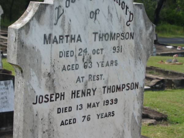 Martha THOMPSON,  | died 24 Oct 1931 aged 63 years;  | Joseph Henry THOMPSON,  | died 13 May 1939 aged 76 years;  | children Reginald, Eileen & Eric;  | granddaugther April SMITH;  | Appletree Creek cemetery, Isis Shire  | 