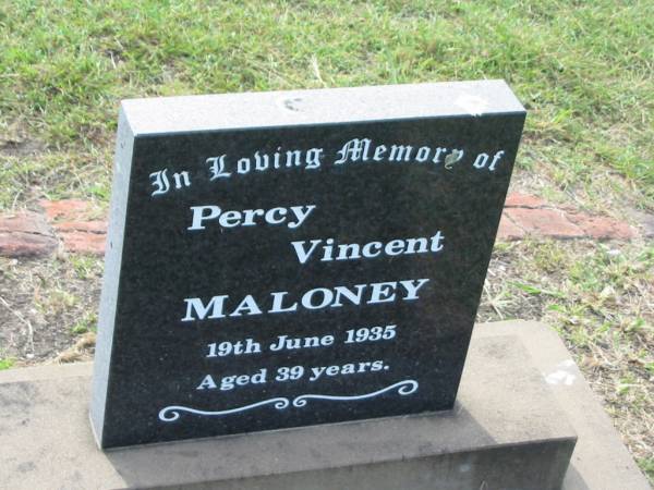Percy Vincent MALONEY,  | died 19 June 1935 aged 39 years;  | Appletree Creek cemetery, Isis Shire  | 