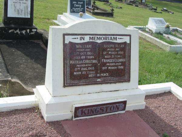 William KINGSTON,  | died 13 Oct 1950 aged 69 years;  | Matilda Christina KINGSTON,  | died 21 Aug 1965 aged 83 years;  | Joseph Allan KINGSTON,  | died 13 March 1950 aged 31 years;  | Fraces Eleanor KINGSTON,  | died 19 March 1982;  | Appletree Creek cemetery, Isis Shire  | 