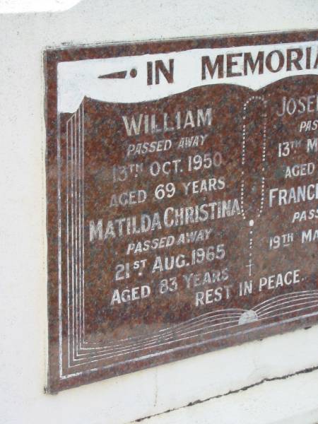 William KINGSTON,  | died 13 Oct 1950 aged 69 years;  | Matilda Christina KINGSTON,  | died 21 Aug 1965 aged 83 years;  | Joseph Allan KINGSTON,  | died 13 March 1950 aged 31 years;  | Fraces Eleanor KINGSTON,  | died 19 March 1982;  | Appletree Creek cemetery, Isis Shire  | 