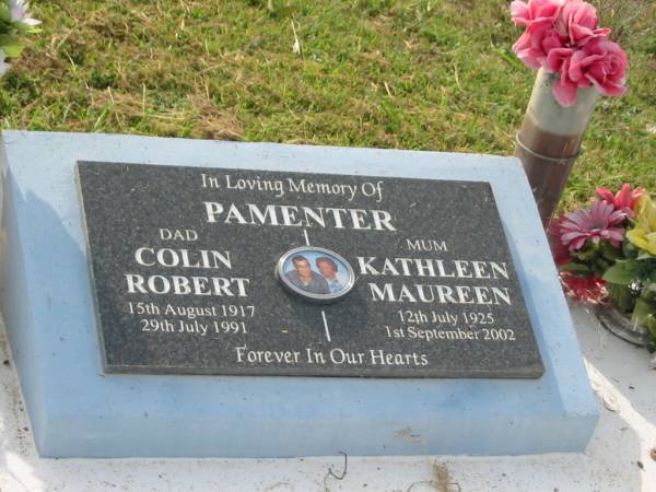 Colin Robert PAMENTER,  | dad,  | 15 Aug 1917 - 29 July 1991;  | Kathleen Maureen PAMENTER,  | mum,  | 12 July 1925 - 1 Sept 2002;  | Appletree Creek cemetery, Isis Shire  | 
