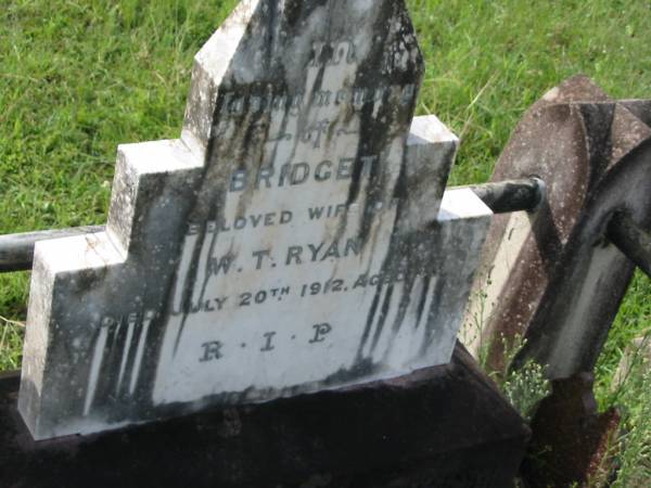 Bridget,  | wife of W.T. RYAN,  | died 20 July 1912 aged 43? years;  | Appletree Creek cemetery, Isis Shire  | 