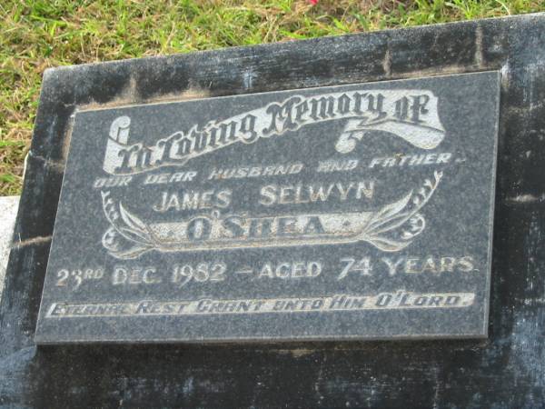 James Selwyn O'SHEA,  | husband father,  | died 23 Dc 1952 aged 74 years;  | Appletree Creek cemetery, Isis Shire  | 