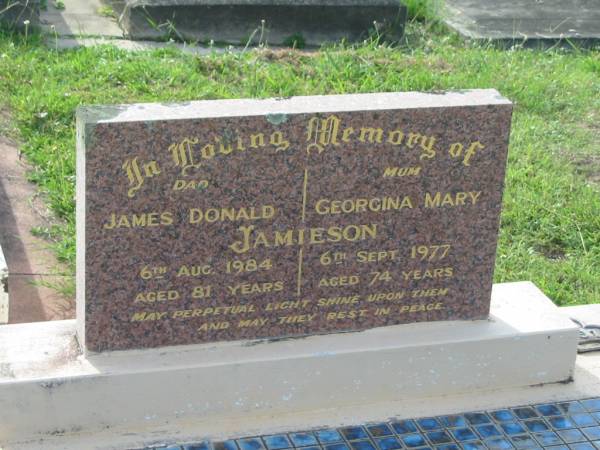 James Donald JAMIESON,  | dad,  | died 6 Aug 1984 aged 81 years;  | Georgina Mary JAMIESON,  | mum,  | died 6 Sept 1977 aged 74 years;  | Appletree Creek cemetery, Isis Shire  | 