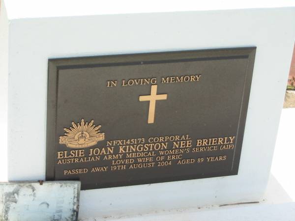 Elsie Joan KINGSTON (nee BRIERLY),  | wife of Eric,  | died 19 Aug 2004 aged 89 years;  | Eric John KINGSTON,  | died 25 Nov 1976 aged 58 years;  | Appletree Creek cemetery, Isis Shire  | 