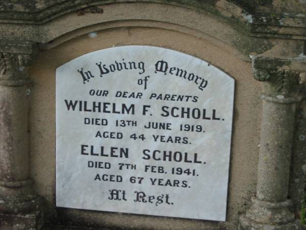 Wilhelm F SCHOLL  | d: 13 Jun 1919, aged 44  | Ellen SCHOLL  | d: 7 Feb 1941, aged 67  | St Paul's Lutheran, Aratula, Boonah Shire  | 