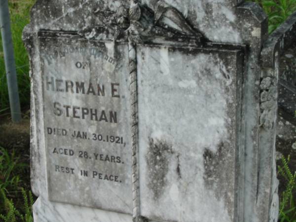 Herman E STEPHAN  | 30 Jan 1921, aged 28  | St Paul's Lutheran, Aratula, Boonah Shire  | 