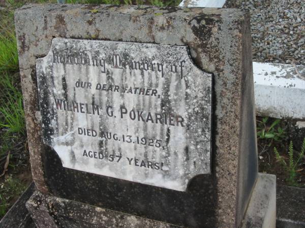 Wilhelm G POKARIER  | 13 Aug 1925, aged 57  | St Paul's Lutheran, Aratula, Boonah Shire  | 