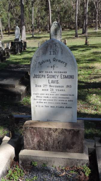 Joseph Sidney Esmond LAVIS  | d: 2 Nov 1915 aged 28  |   | Atherton Pioneer Cemetery (Samuel Dansie Park)  |   | 