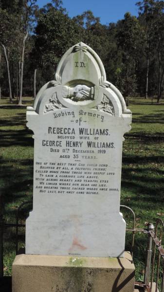 Rebecca WILLIAMS  | d: 11 Dec 1919 aged 35  | wife of Georgy Henry WILLIAMS  |   | Atherton Pioneer Cemetery (Samuel Dansie Park)  |   | 