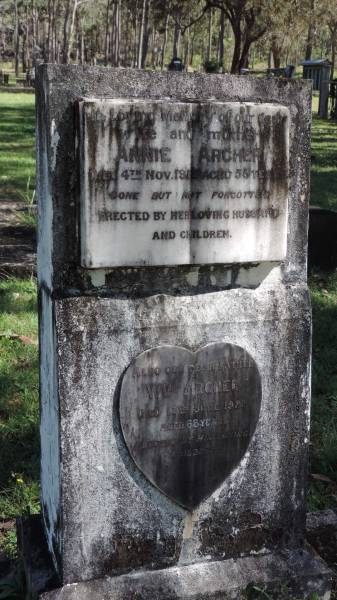 Annie ARCHER  | d: 4 Nov 1919 aged 56  |   | (William) Wm ARCHER  | d: 13 Jun 1921 aged 68  |   | Atherton Pioneer Cemetery (Samuel Dansie Park)  |   |   | 