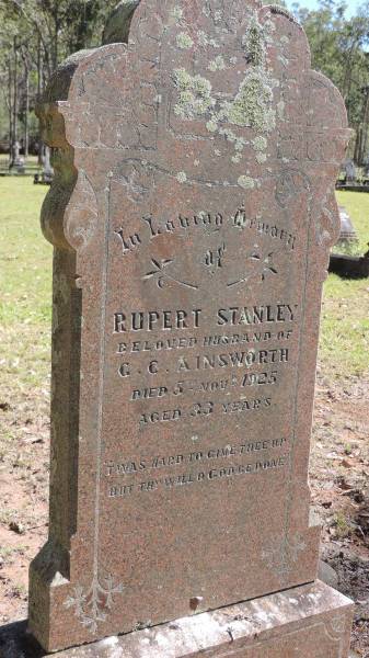 Rupert Stanley AINSWORTH  | d: 5 Nov 1925 aged 33  | husband of G.C. AINSWORTH  |   | Atherton Pioneer Cemetery (Samuel Dansie Park)  |   |   | 