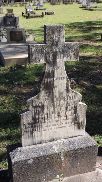 Nita Jean (CAMERON)  | d: 26 Jul 1926 aged 6 1/2Y  | daughter of N and W CAMERON  |   | Atherton Pioneer Cemetery (Samuel Dansie Park)  |   |   | 