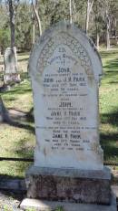 
John PARK
d: 19 Sep 1915 aged 38
eldest son of John and J.H. PARK

John PARK
d: 14 Dec 1915 aged 61
husband of Jane H PARK

Jane H PARK
d: 13 Mar 1932 aged 74

Atherton Pioneer Cemetery (Samuel Dansie Park)


