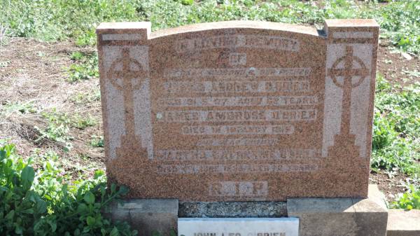 James Andrew O'BRIEN  | d: 31 May 1937 aged 62  |   | James Ambrose O'BRIEN  | died in infancy 1919  |   | Martha Catherine? O'BRIEN  | d: 4 Jun 1956 aged 72  |   | Aubigny Catholic Cemetery, Jondaryan  |   | 