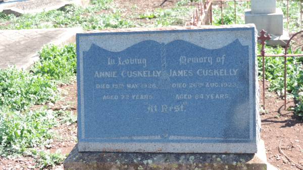 Annie CUSKELLY  | d: 15 May 1926 aged 72  |   | James CUSSKELLY  | d: 26 Aug 1923 aged 84  |   | and their son  | Thomas CUSKELLY  | d: 11 Jan 1925 aged 43  |   | Aubigny Catholic Cemetery, Jondaryan  |   | 
