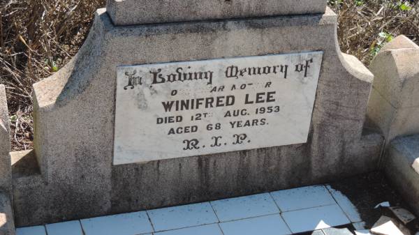 Winifred LEE  | d: 12 Aug 1953 aged 68  |   | Aubigny Catholic Cemetery, Jondaryan  |   | 