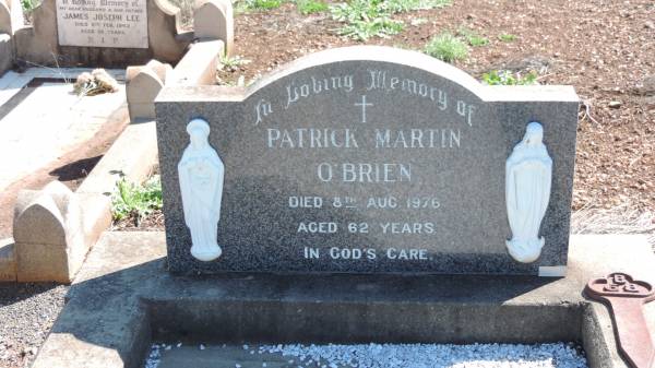 Patrick Martin O'BRIEN  | d: 8 Aug 1976 aged 62  |   | Aubigny Catholic Cemetery, Jondaryan  |   | 