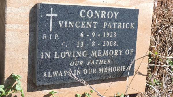 Vincent Patrick CONROY  | b: 6 Sep 1923  | d: 13 Aug 2008  |   | Aubigny Catholic Cemetery, Jondaryan  |   | 